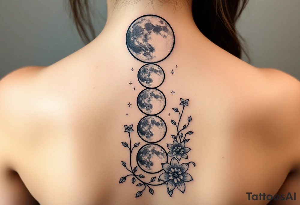 Phases of the moon down the spine details on the moon. With vines and stars and flowers along the sides down beside the phases of the moon tattoo idea