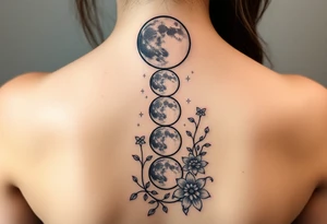 Phases of the moon down the spine details on the moon. With vines and stars and flowers along the sides down beside the phases of the moon tattoo idea