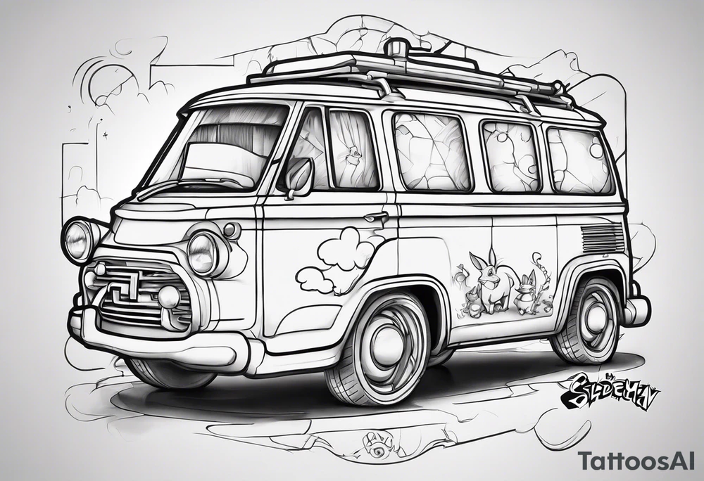 draw a sketch of a calf tattoo with cartoon characters from the 90s: Bart Simson, well, wait, Jerry, Kenny Souzpark, Bugs Bunny, Chip and Dale, spider-Man, Batman, Pikachu, Bender from futurama, Stu Griffins in the style of jealousy tattoo idea