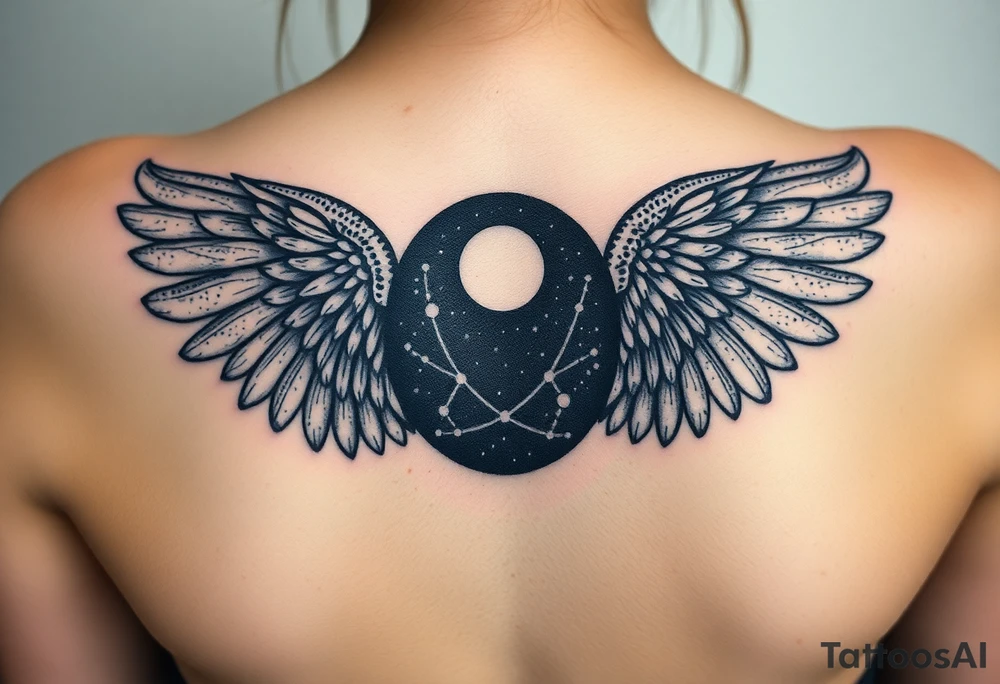 Night sky with constellation, stars  & moon seen from a frame of natural landscape angel wings spiritual tattoo idea