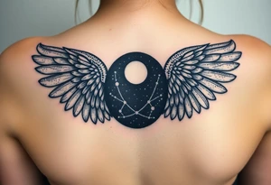 Night sky with constellation, stars  & moon seen from a frame of natural landscape angel wings spiritual tattoo idea
