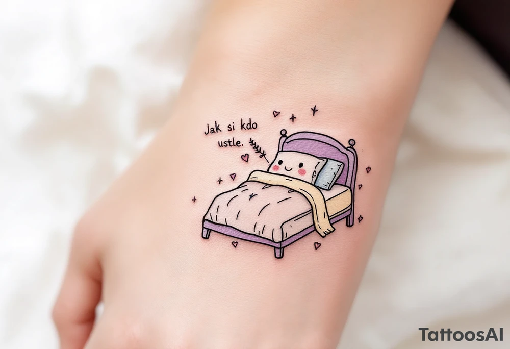 "Jak si kdo ustele, tak si lehne." — A cozy bed drawn in fine black linework, surrounded by delicate lavender accents and the quote on a pillow tag. tattoo idea