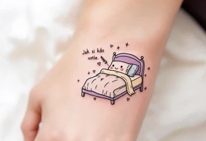 "Jak si kdo ustele, tak si lehne." — A cozy bed drawn in fine black linework, surrounded by delicate lavender accents and the quote on a pillow tag. tattoo idea