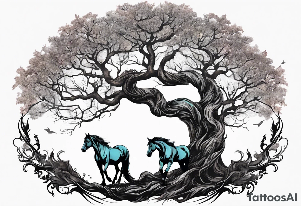 Realistic Horse and Yggdrasil tree tattoo idea