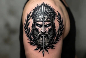 greek warrior that from his face come down a long arrow and surrounded by a olive tree leaf around tattoo idea