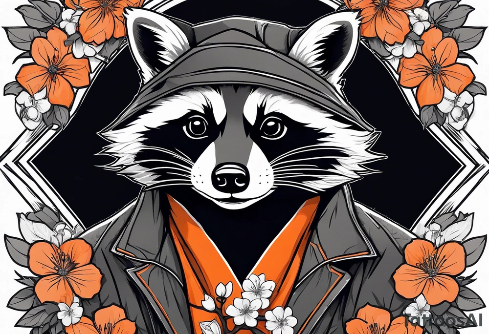 Raccoon wearing a white Superman logo on a black hoodie and orange Japanese cherry blossoms beside tattoo idea