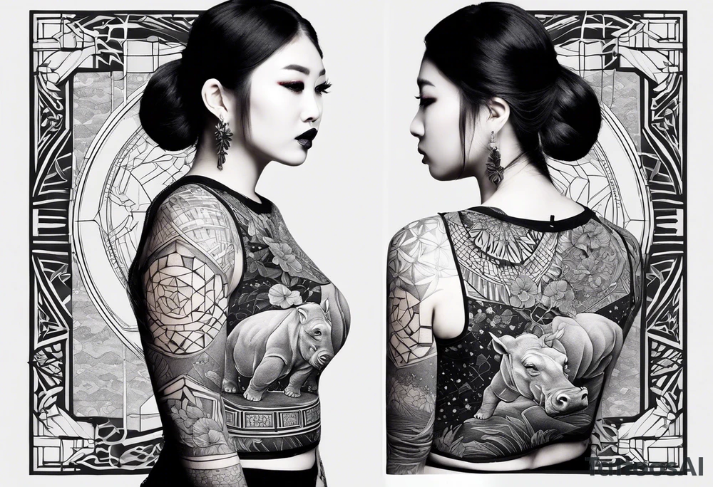 Very asymmetrical, +geometric pattern, with realistic full moon, with hippo at side look, +tribal, +geometric, +inkart , +blackwork
with wintersweet flower bud, +portrait orientation, +inkart touch, tattoo idea