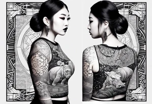 Very asymmetrical, +geometric pattern, with realistic full moon, with hippo at side look, +tribal, +geometric, +inkart , +blackwork
with wintersweet flower bud, +portrait orientation, +inkart touch, tattoo idea
