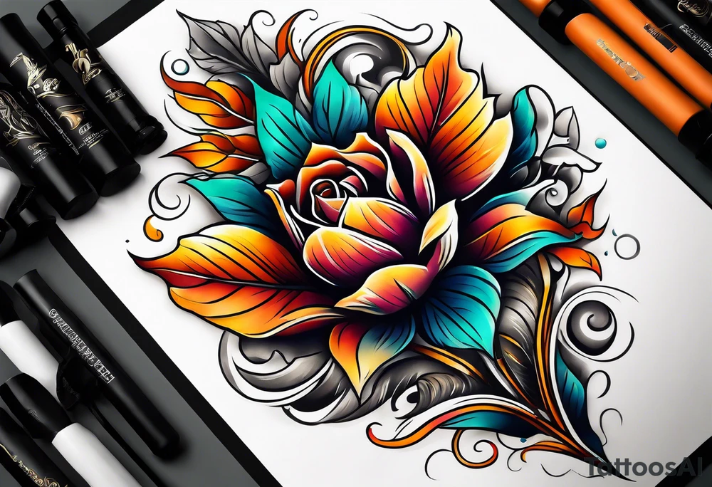 Knee tattoo in fall colors with water flow washes tattoo idea