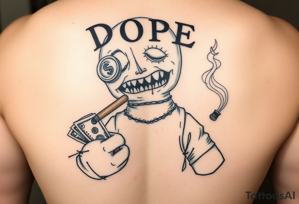 Stitched up rag doll with a button as one eye and some thread as the other. Scary. Warn down. Razor like shark teeth with blood dripping. Holding some money in one hand and a cigar in the other hand. Smoke pouring off the cigar with the cloud of smoke above spelling out the word DOPE tattoo idea