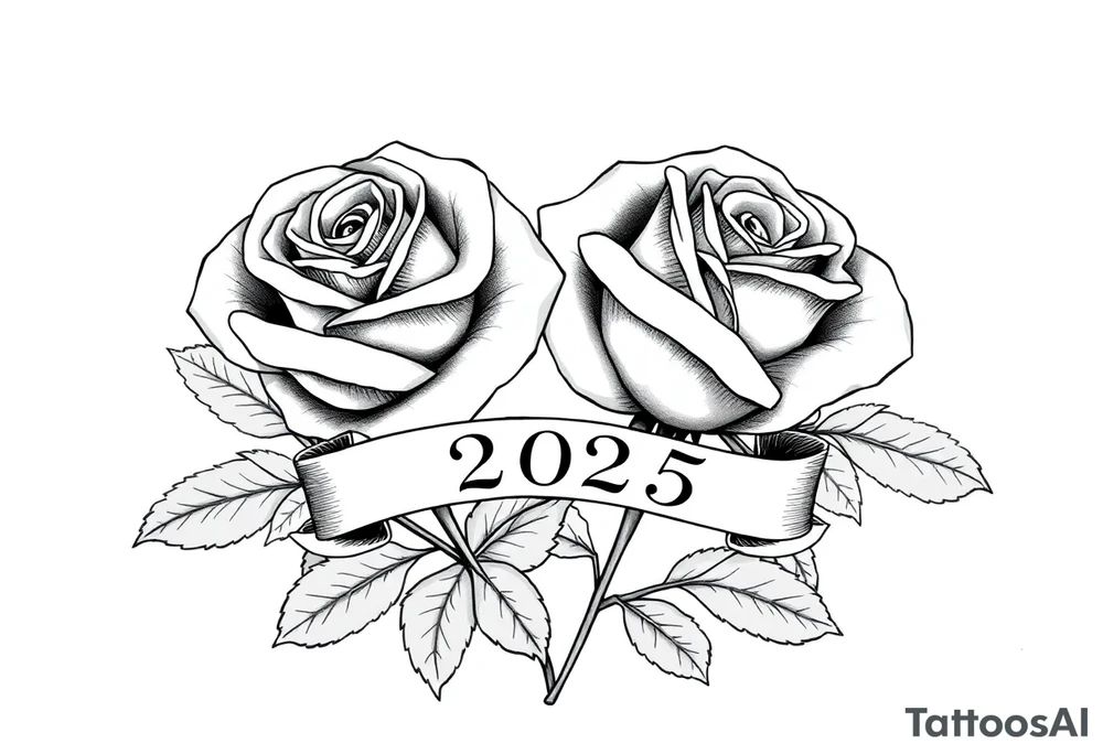 two beautiful large rose buds, one larger than the other, with lots and lots of leaves next to the rose buds, with one sitting slightly higher than the other, side-by-side.  Include a banner connecting the two roses with the year 2025 on it.   Use dark outlines with little shading. Remove all stems from the roses. tattoo idea