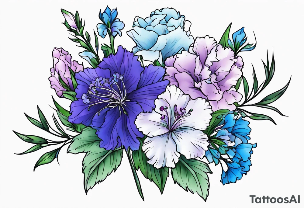 Larkspur flowers and carnation flowers in all color. Colors blue, purple, green, and light blue tattoo idea
