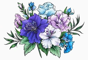 Larkspur flowers and carnation flowers in all color. Colors blue, purple, green, and light blue tattoo idea