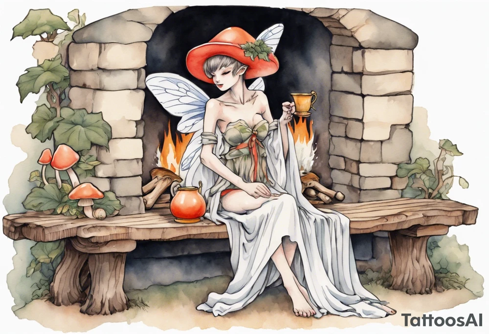 a mushroom fairy
wearing a medieval tunic sitting on a bench by a fireplace drinking from a wood cup, happy tattoo idea