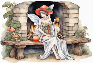 a mushroom fairy
wearing a medieval tunic sitting on a bench by a fireplace drinking from a wood cup, happy tattoo idea