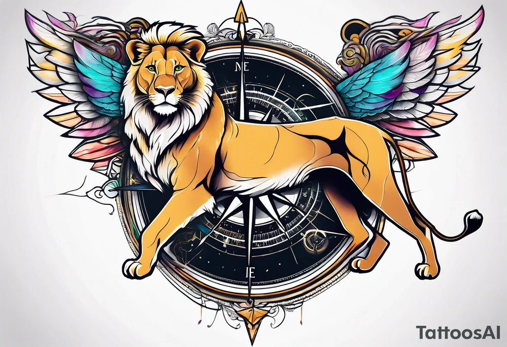 Lioness with wings compass tattoo idea
