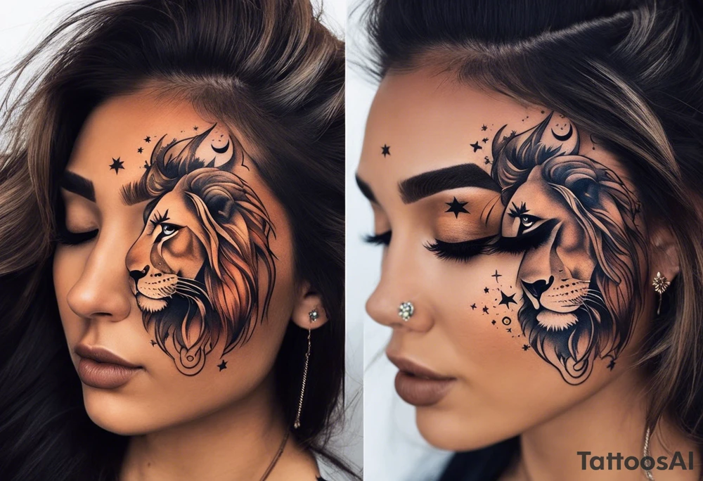 women turning to her side with a leo zodiac symbol on her forehead, lion scar on her eye and stars, moon and sun floating behind her back Recreate similar versions of this tattoo image however at the bottom instead of plants have her blend away like a smoke effect, you can use Stars or clouds to help fill in space. Also have a somewhat Smokey red line wrapping going from the back of the neck to the pinky and overlapping the woman tattoo as well tattoo idea