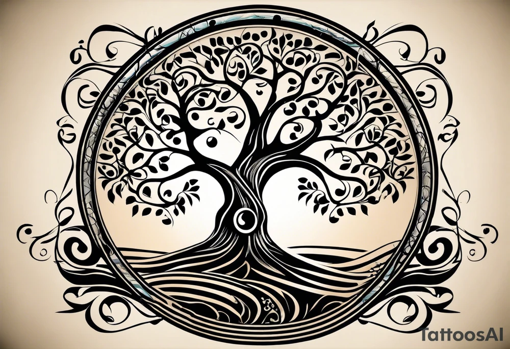 A tattoo design that incorporates the following elements: an abstract tree of life that has roots emerging  from the ground. Waves of water wrap around the tree in a non symmetrical design.  Incorporate musical notes into the tree. the letters U and A are overlapping and engraved into the tree. A golf flag incorporated but not prominent tattoo idea