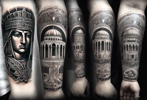 Crate a forearm tattoo. Theme is the byzantine empire. Include byzantine iconography, hagia Sophia, Constantinople, famous emperors like justinian, Constantine. tattoo idea