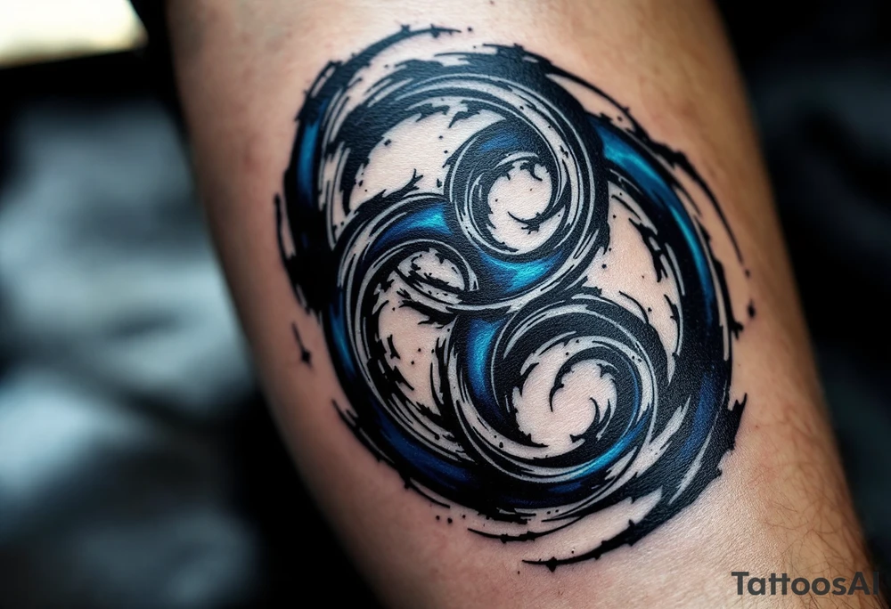 A swirling three triskelion spirals, hypnotic design in black and deep indigo, creating a sense of movement and energy, resembling a cosmic portal. tattoo idea