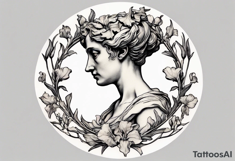Create a colorful Vincent van Gogh Irises tattoo with an ancient Greek female statue in the middle in white marble. The tattoo should take the form of a crescent, with vines gracefully intertwining at a central point in the middle of the wreath.  The intended placement is on the upper chest. The overall design should be small in size while maintaining a delicate and artistic aesthetic. Pay attention to the graceful flow of the vines and the placement of the irises to achieve a refined and elegant look. tattoo idea