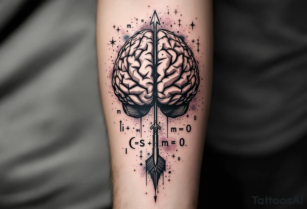 A front-seen brain in geometric and straight lines, math symbols arround. A detailed arrow crosses from below and exit from the top, with its tip desintegrating to represent entropy and watercolor stains spilled from the arrow. Around of the main tattoo, math and physics formulas, including the formula "ΔS ≥ 0" and the formula "(iδ + m) Φ = 0" tattoo idea