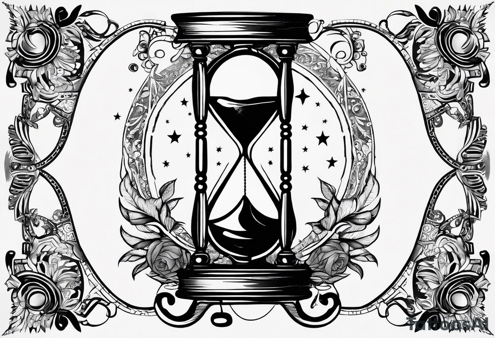I want a tattoo-inspired design for a t-shirt that features a bold and detailed hourglass with astronomy tattoo idea