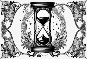 I want a tattoo-inspired design for a t-shirt that features a bold and detailed hourglass with astronomy tattoo idea