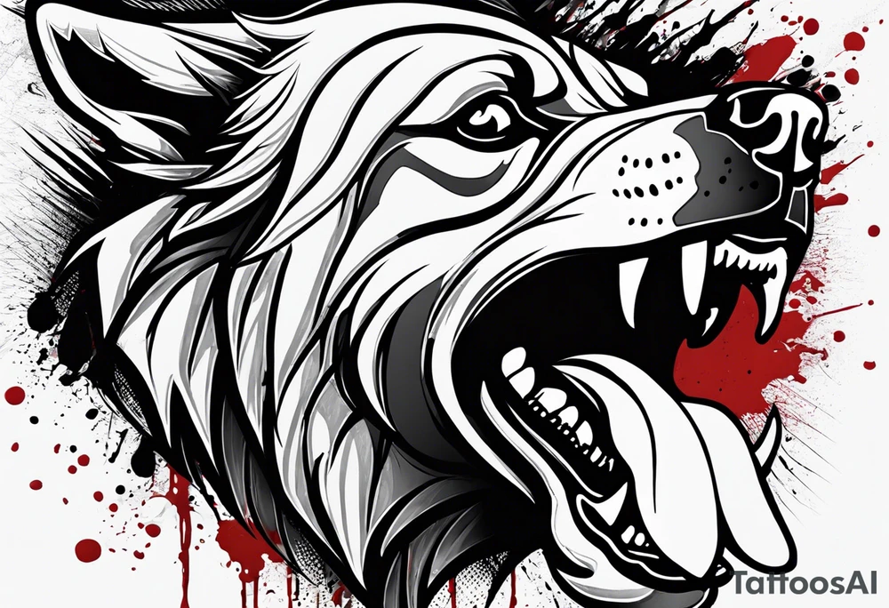 Create aggressive, vicious dog, maybe with some blood coming out of his mouth and saliva. Make it a drawing and use the image of reference. Make it more aggressive and angry with blood and saliva tattoo idea