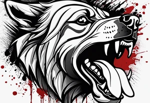 Create aggressive, vicious dog, maybe with some blood coming out of his mouth and saliva. Make it a drawing and use the image of reference. Make it more aggressive and angry with blood and saliva tattoo idea