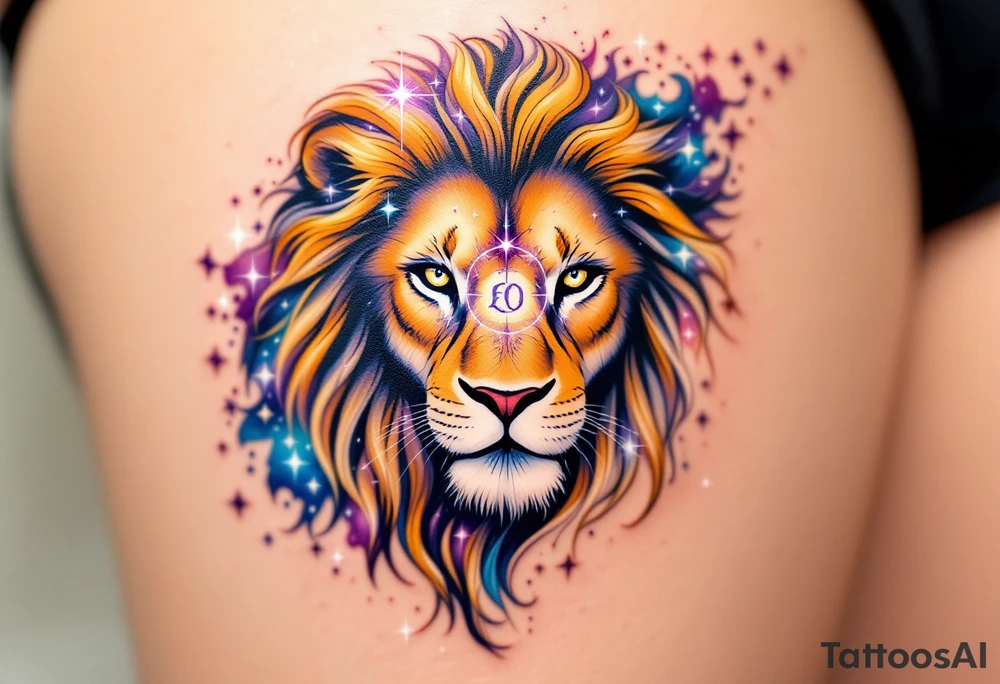 A Leo zodiac symbol and star constellation rests between the eyes of a golden lion whose mane dissolves into a trail of starlit purple and blue. tattoo idea