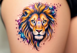 A Leo zodiac symbol and star constellation rests between the eyes of a golden lion whose mane dissolves into a trail of starlit purple and blue. tattoo idea