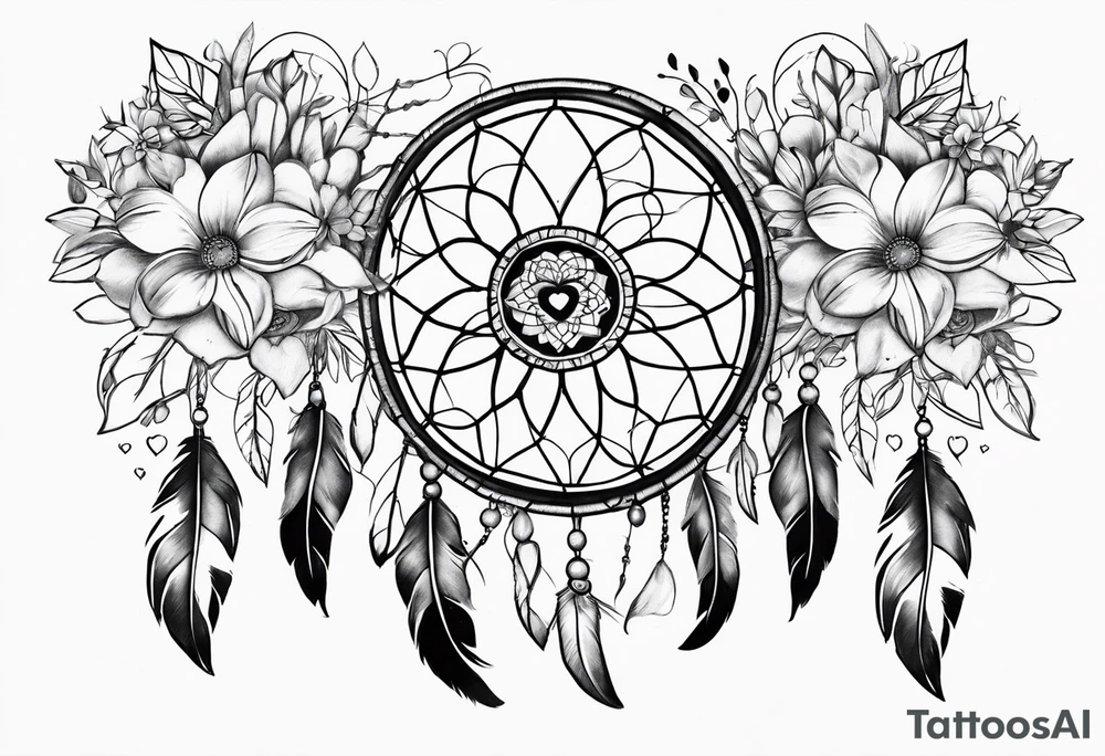 Dream catcher with hearts and flowers tattoo idea