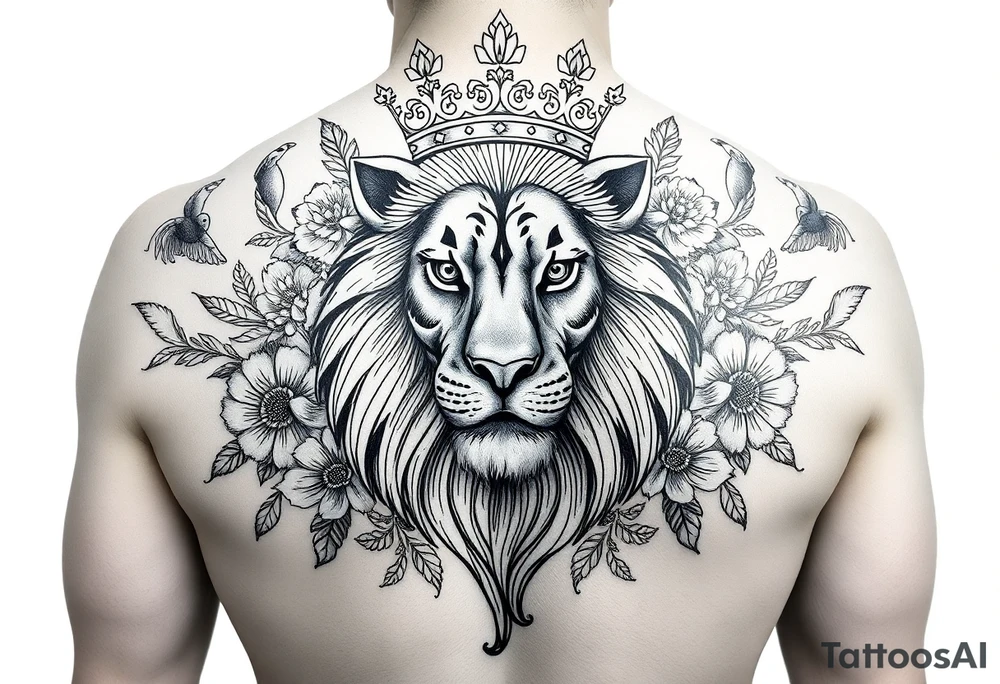 powerful majestic lion with a crown, surrounded by floral ornaments and birds tattoo idea