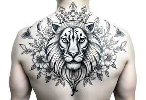 powerful majestic lion with a crown, surrounded by floral ornaments and birds tattoo idea