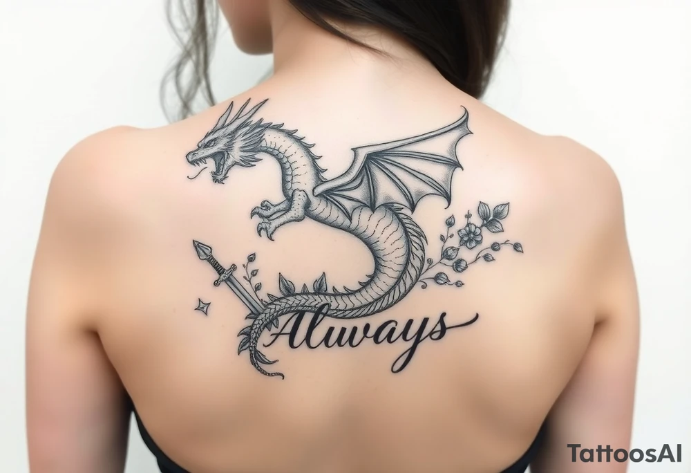 Dragon volando con la cabeza a la derecha y la cola hacia la izquierda. Que se encuentre enroscado por una espada y una tira de flores y que diga la.palabra always tattoo idea