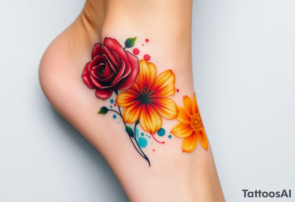 a colorful, vibrant, watercolor tattoo with one red rose, one orange lily, one gold marigold, and one orange cosmos flower and with splashes of color tattoo idea