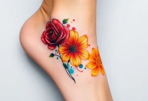 a colorful, vibrant, watercolor tattoo with one red rose, one orange lily, one gold marigold, and one orange cosmos flower and with splashes of color tattoo idea