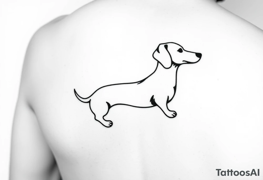 A minimalist black and white tattoo design featuring a dachshund (sausage dog). The dog’s long body forms a continuous, single bold line that wraps around the arm in a spiral, starting with the tail and ending with the head and face. The design should look elegant, clean, and playful, emphasizing the dachshund’s elongated shape and flowing movement around the arm. tattoo idea