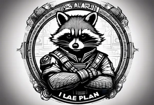 Rocket Raccoon with arms folded. Background with computer screens displaying text in binary font "I have a plan". tattoo idea