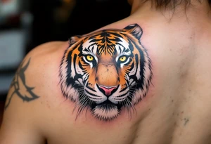 A full body tiger with piercing yellow eyes, fur detailed in deep orange, white, and jet black stripes include shadows as well tattoo idea