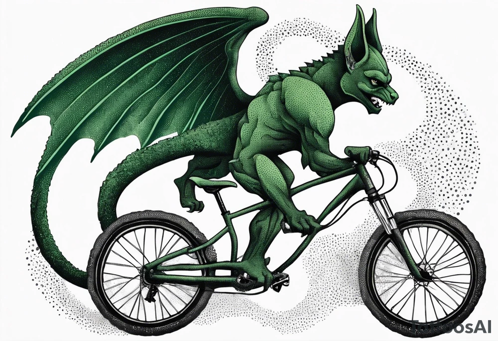 gargoyle riding a full suspension green mountain bike with a shadow no background with wings tattoo idea