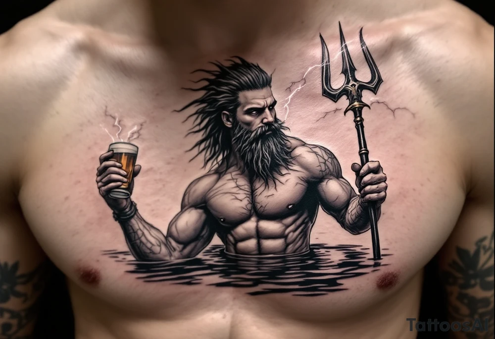 young, fit poseidon in calm water, holding a trident, holding a beer, with lightning tattoo idea