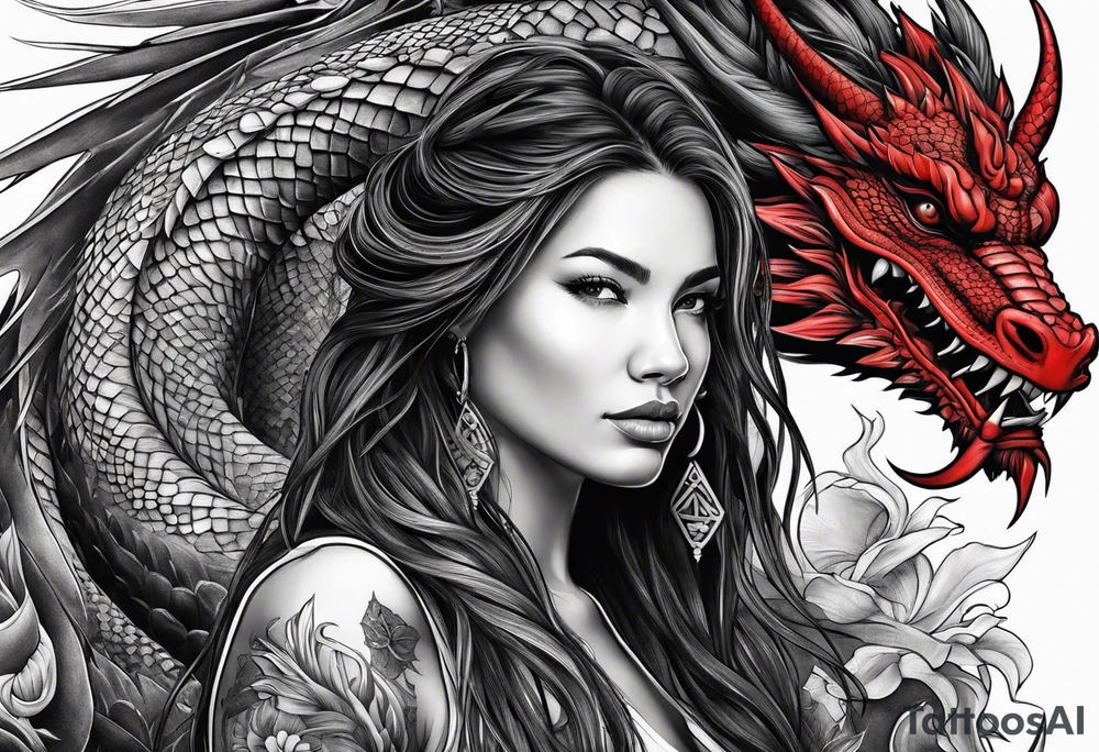 Red dragon behind woman with dreadlocks tattoo idea
