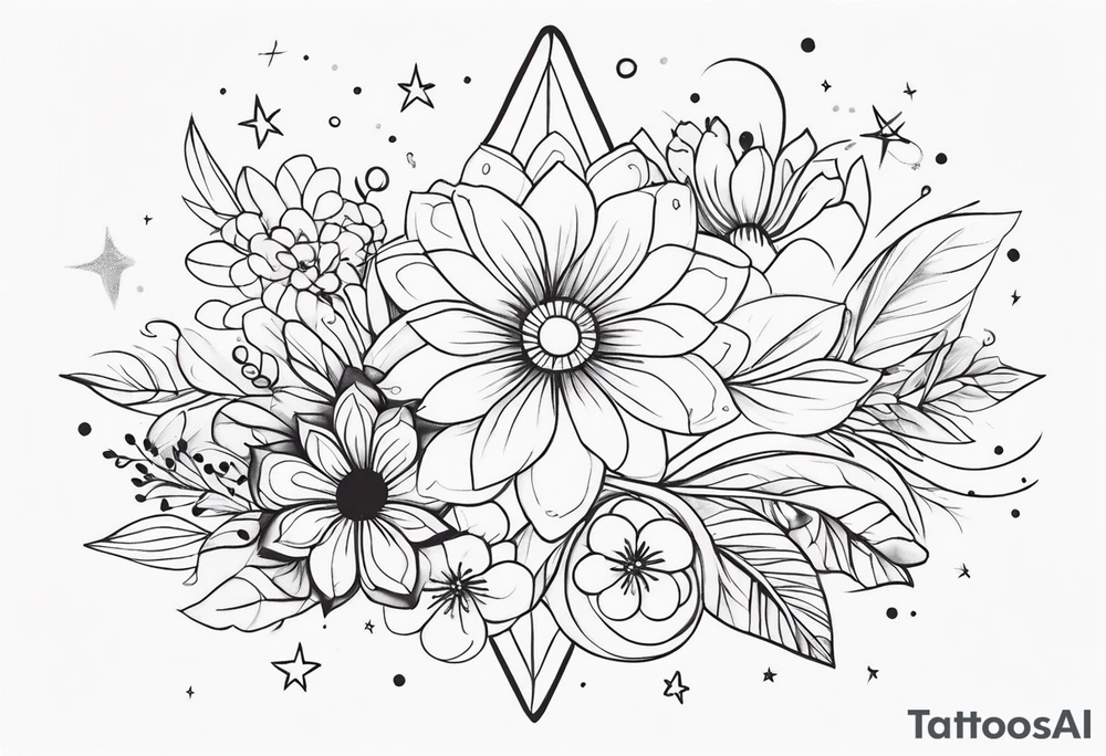 fine line floral with stars, swirls, dots tattoo idea