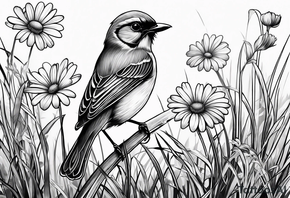Little bird perched in grass with daisy tattoo idea