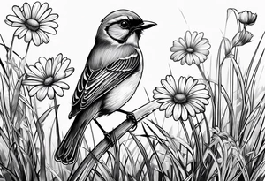 Little bird perched in grass with daisy tattoo idea