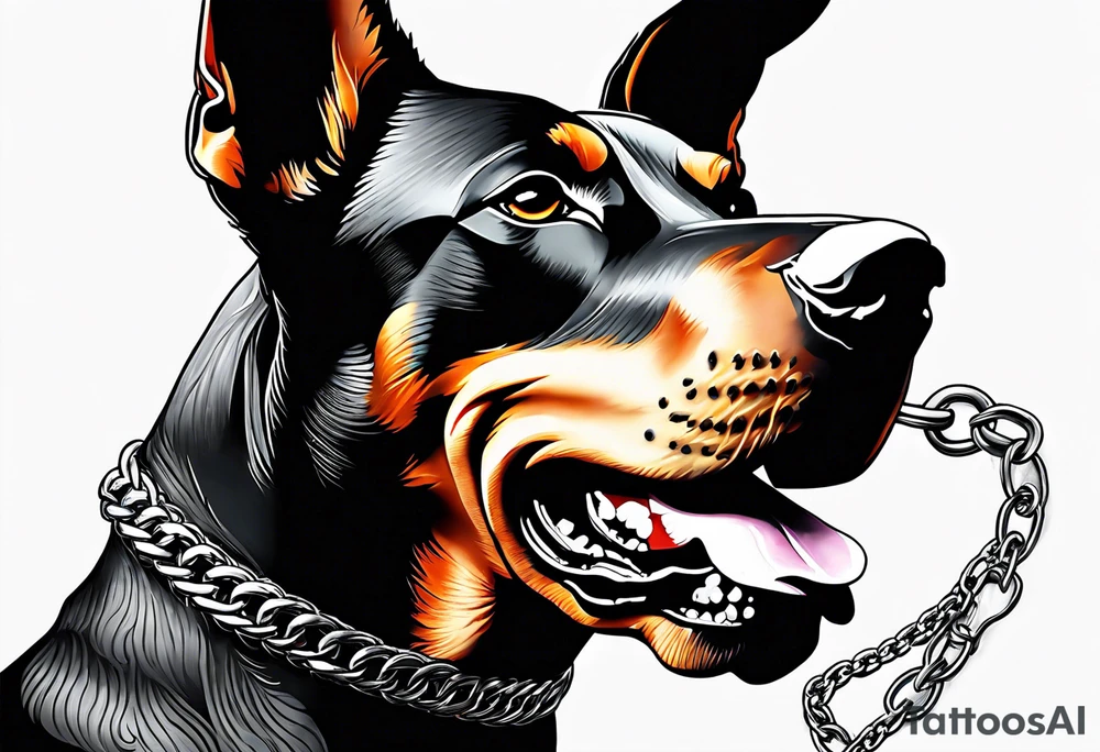 Doberman with open mouth biting
Wearing chain tattoo idea Doberman with open mouth biting
Wearing chain tattoo idea
