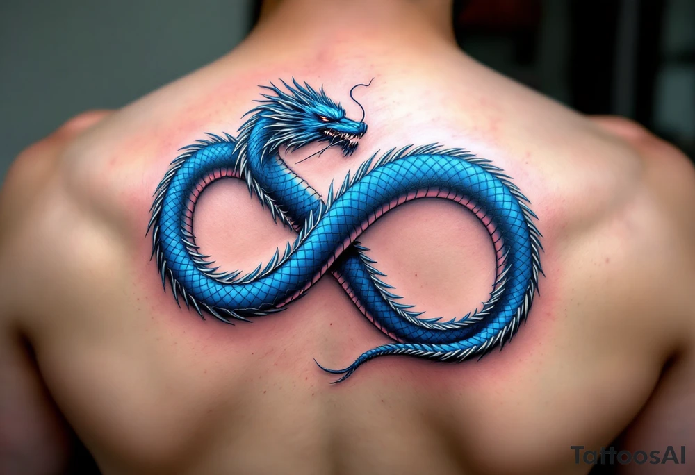 The design features a dragon, coiled in the shape of the infinity symbol (sideways number "8"). The dragon is depicted eating its own tail, symbolizing eternity and continuity, inspired by the Ouroboros.

Details:

The dragon's body has vibrant, glossy blue scales, with a smooth and polished texture.
It maintains a clean, balanced shape in the infinity figure, with sharp details and elegant flow.
Style:

The focus remains on the dragon's form, with no additional background elements to keep the design minimal and modern. tattoo idea