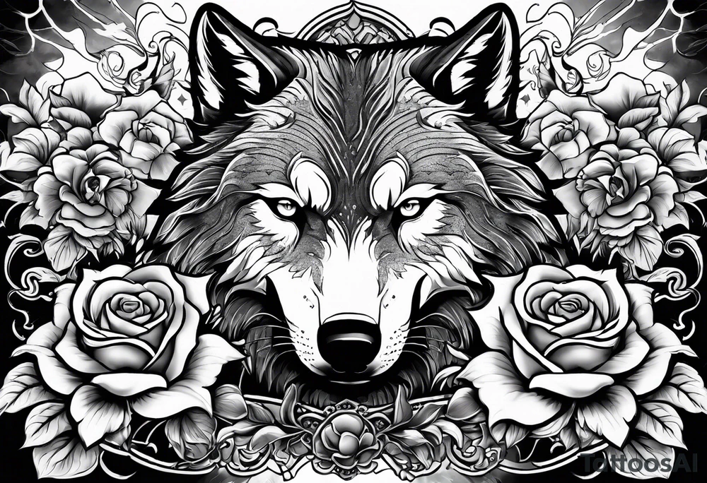 Raging storm with vicious wolf. Design for a chest piece.  Include roses and lilys tattoo idea